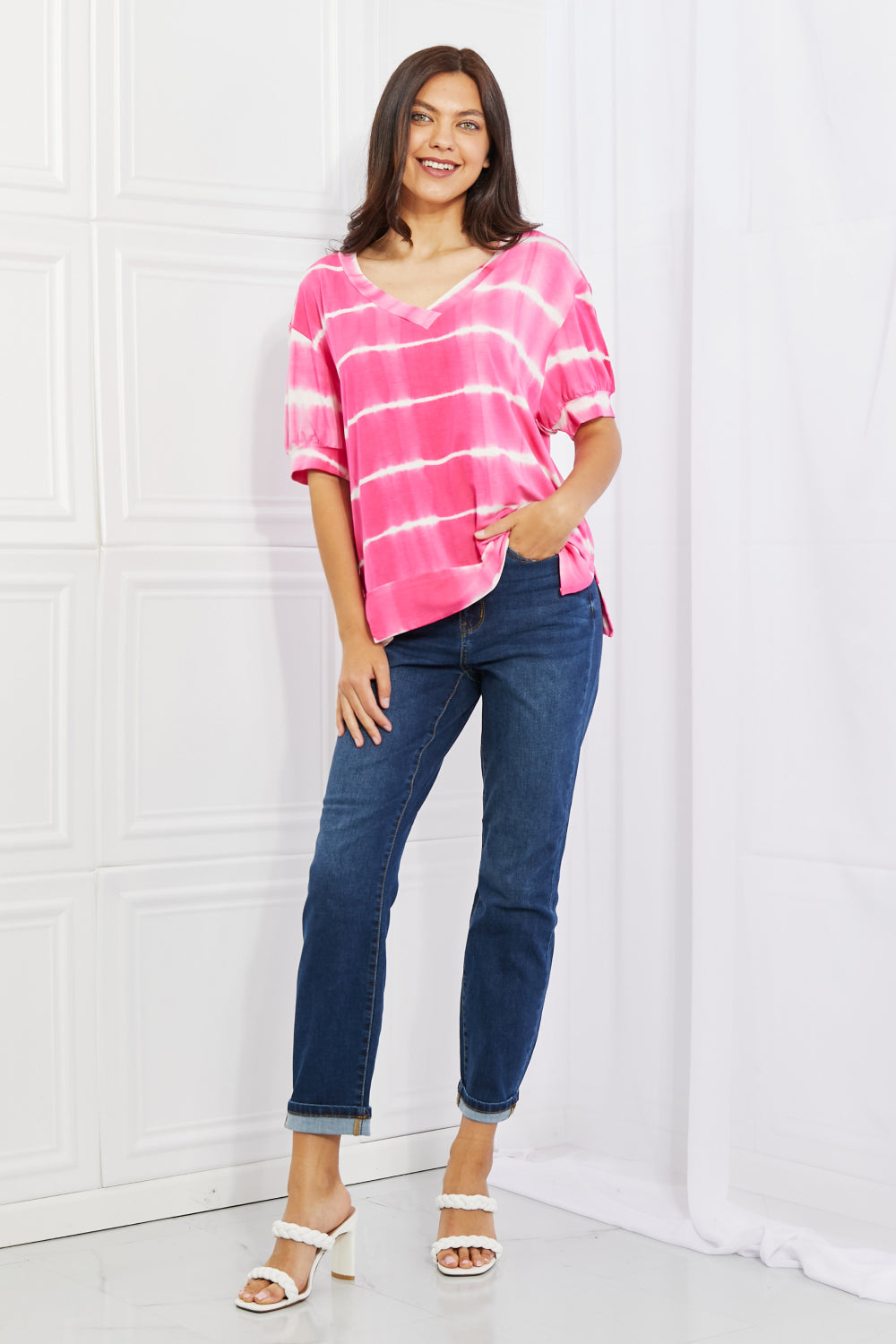 Yelete Full Size Oversized Fit V-Neck Striped Top in Hot Pink, view 12