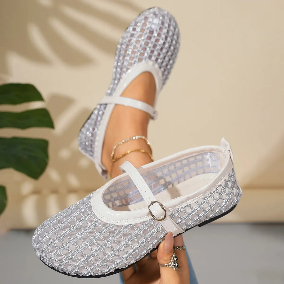 Woven Mesh Mary Jane Sandals with Buckle Strap, view 4
