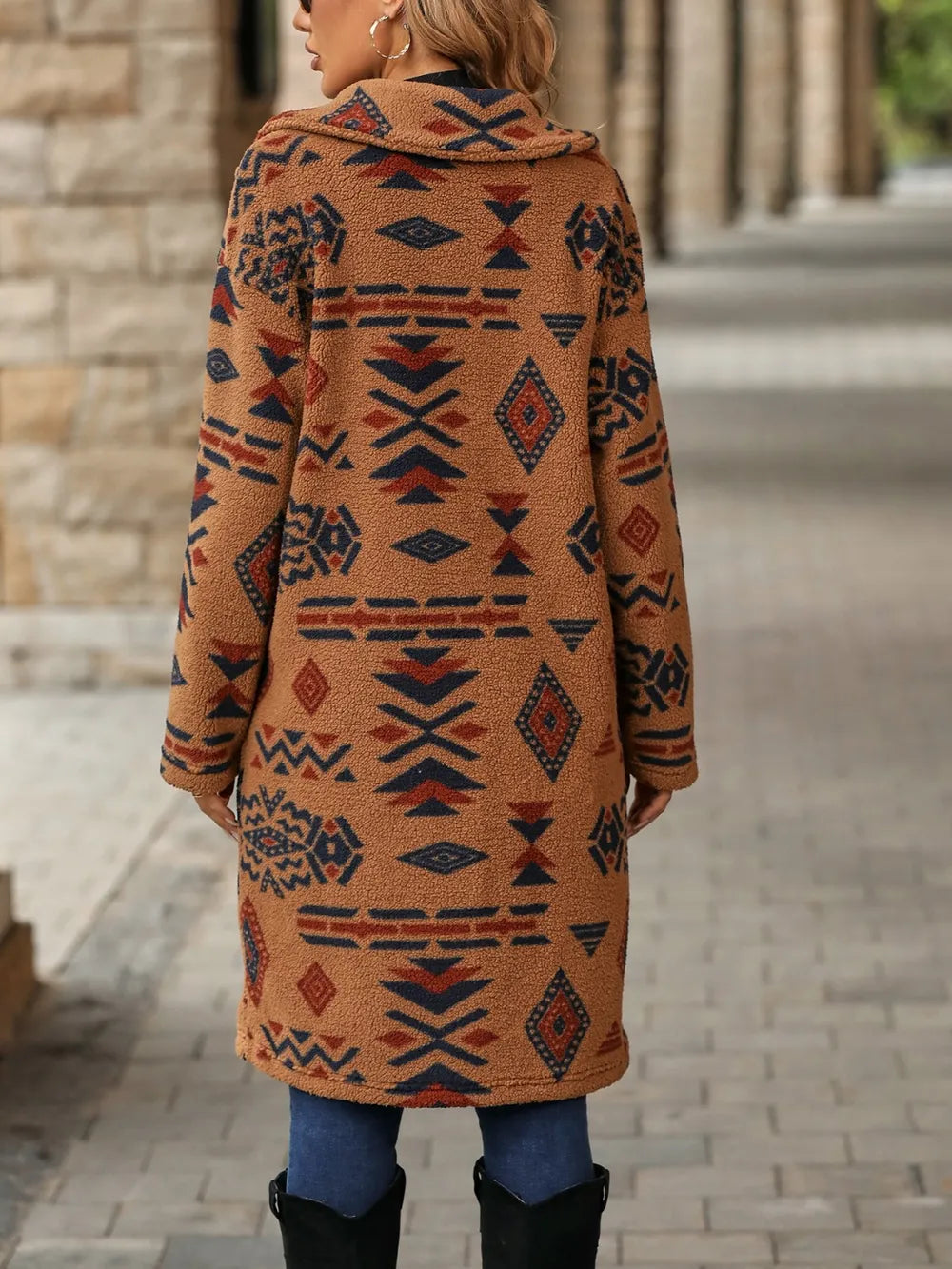Geometric Pocketed Dropped Shoulder Coat, view 6