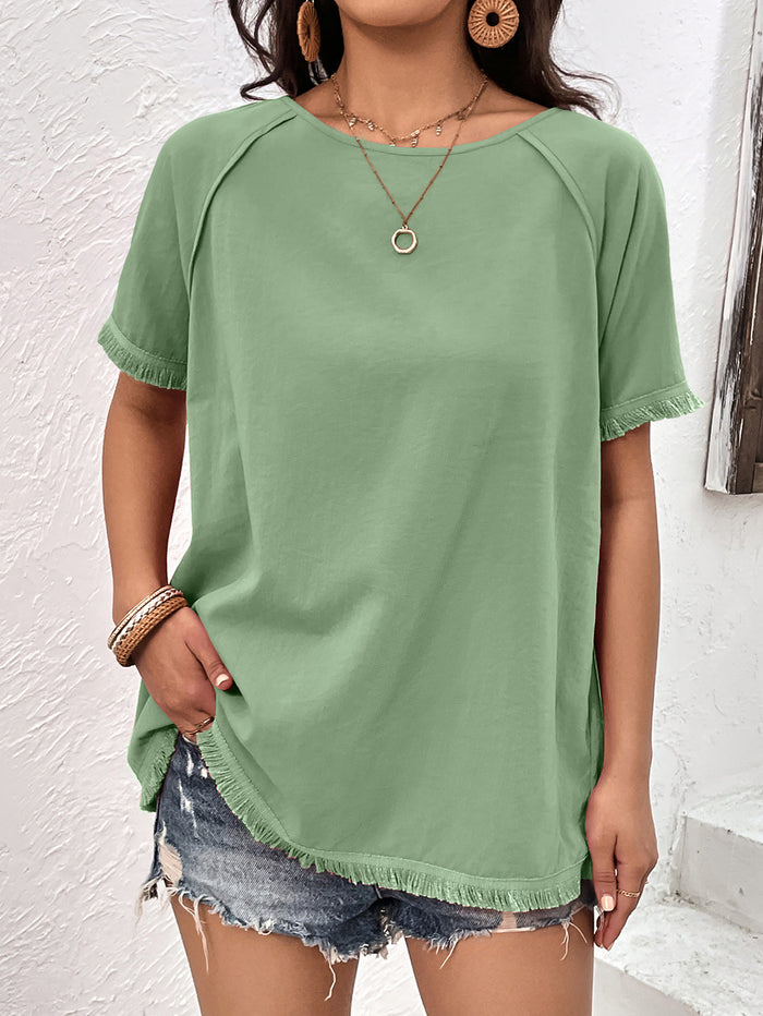 Ivy Lane Round Neck Raglan Sleeve Fringe Detail Top in Light Green