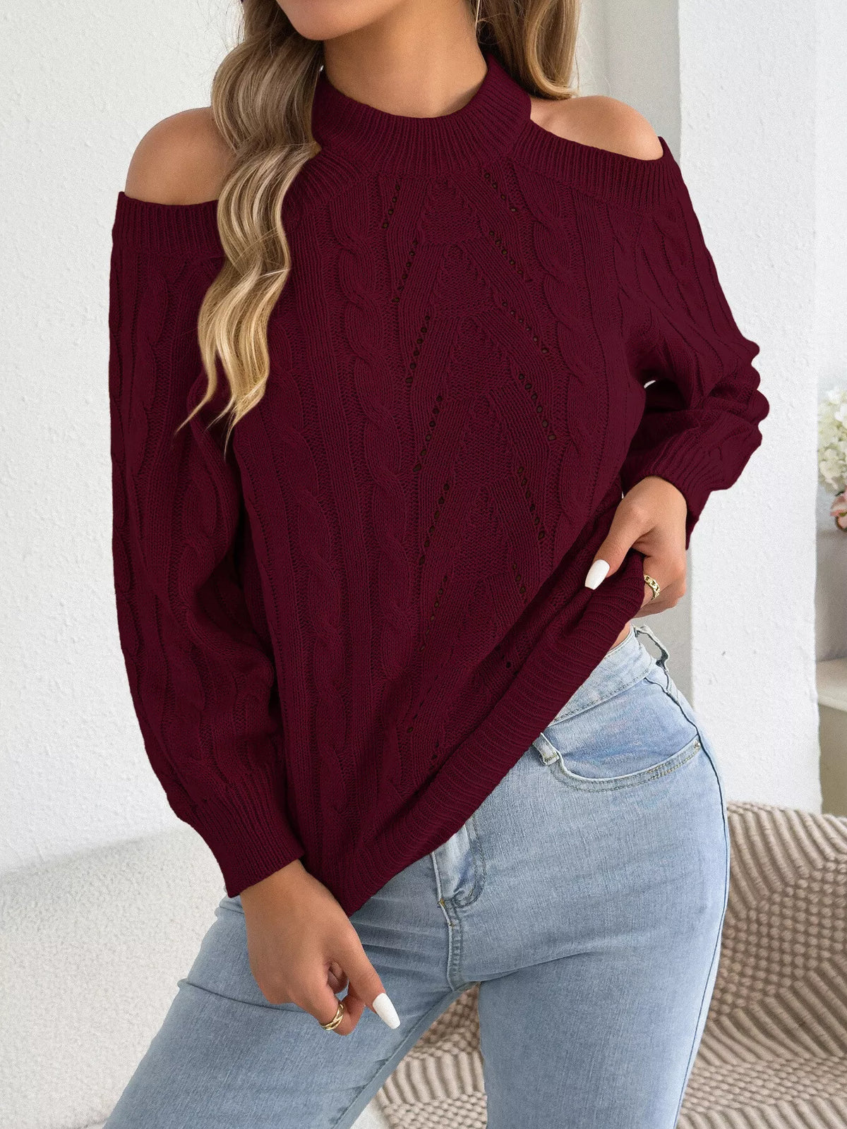 Cold Shoulder Cable Knit Sweater