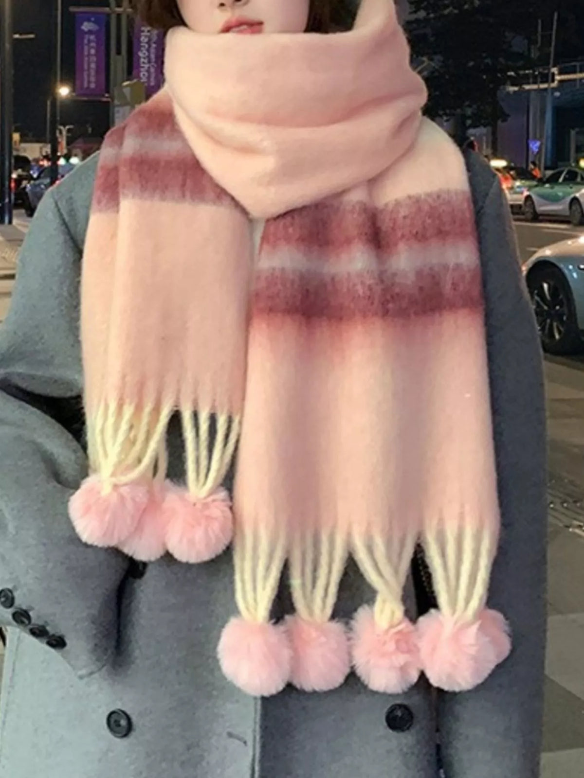 Striped Scarf with Pom-Poms - Lilixa.store