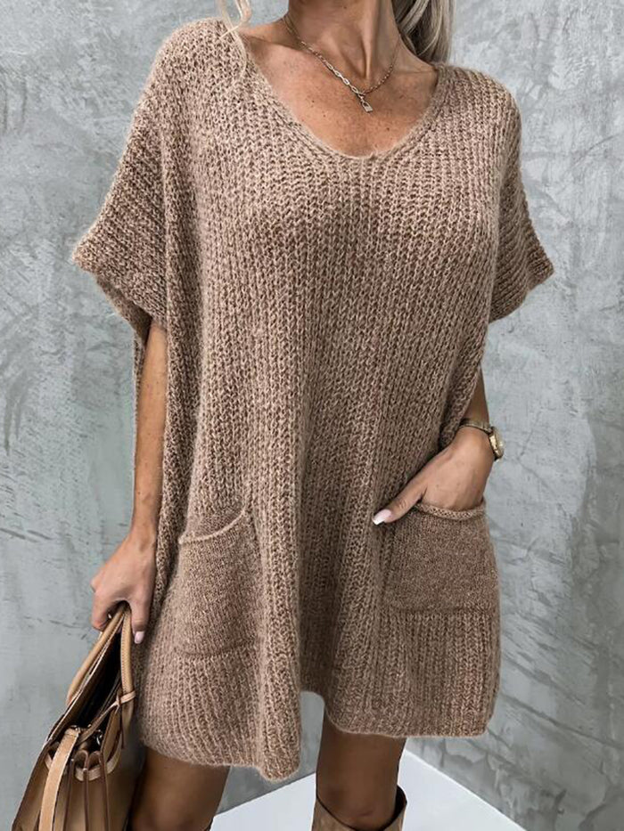 Short Sleeve Sweater Dress with Pockets in Mocha