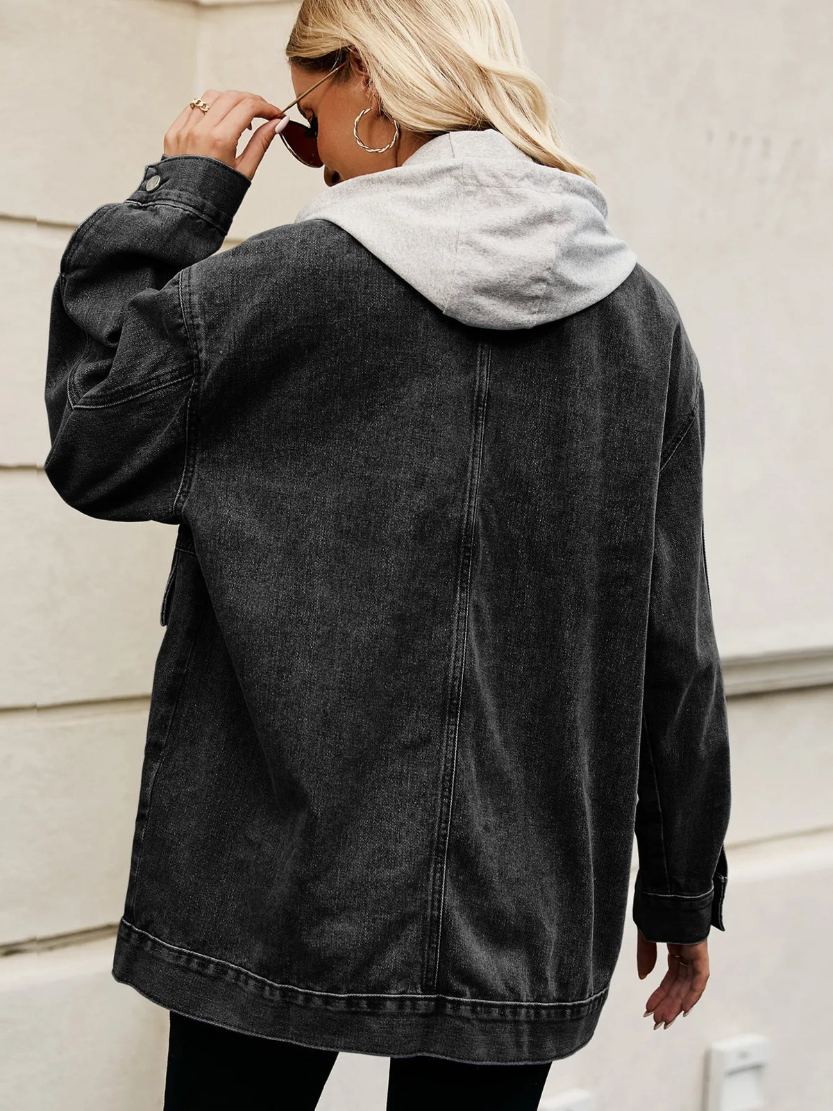Oversized Button Up Denim Jacket with Hood, view 11