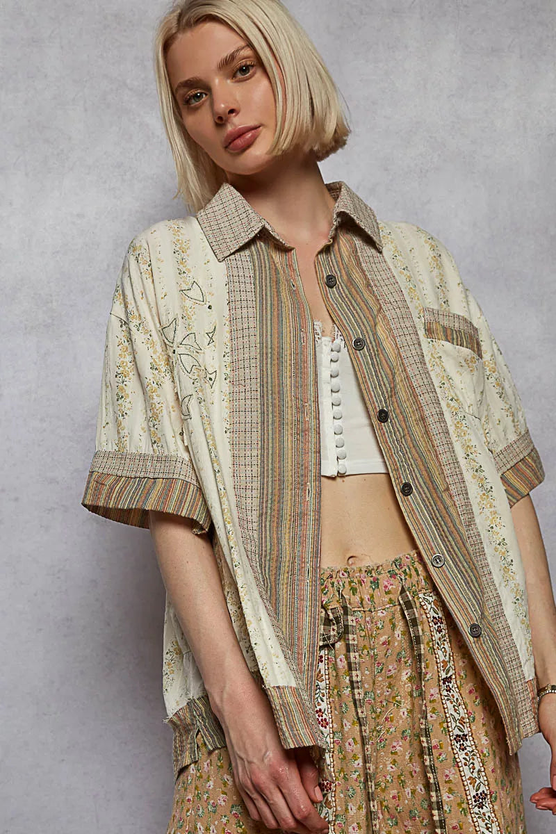 POL Printed Button Down Patchwork Short Sleeve Shirt in Cream Multi, view 2