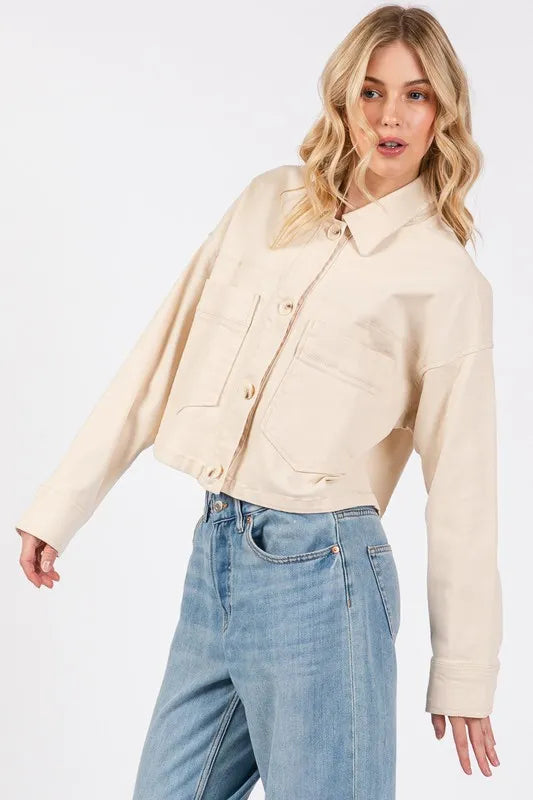 bytos Button Down Cropped Denim Jacket with Patch Pockets in Tan, view 3