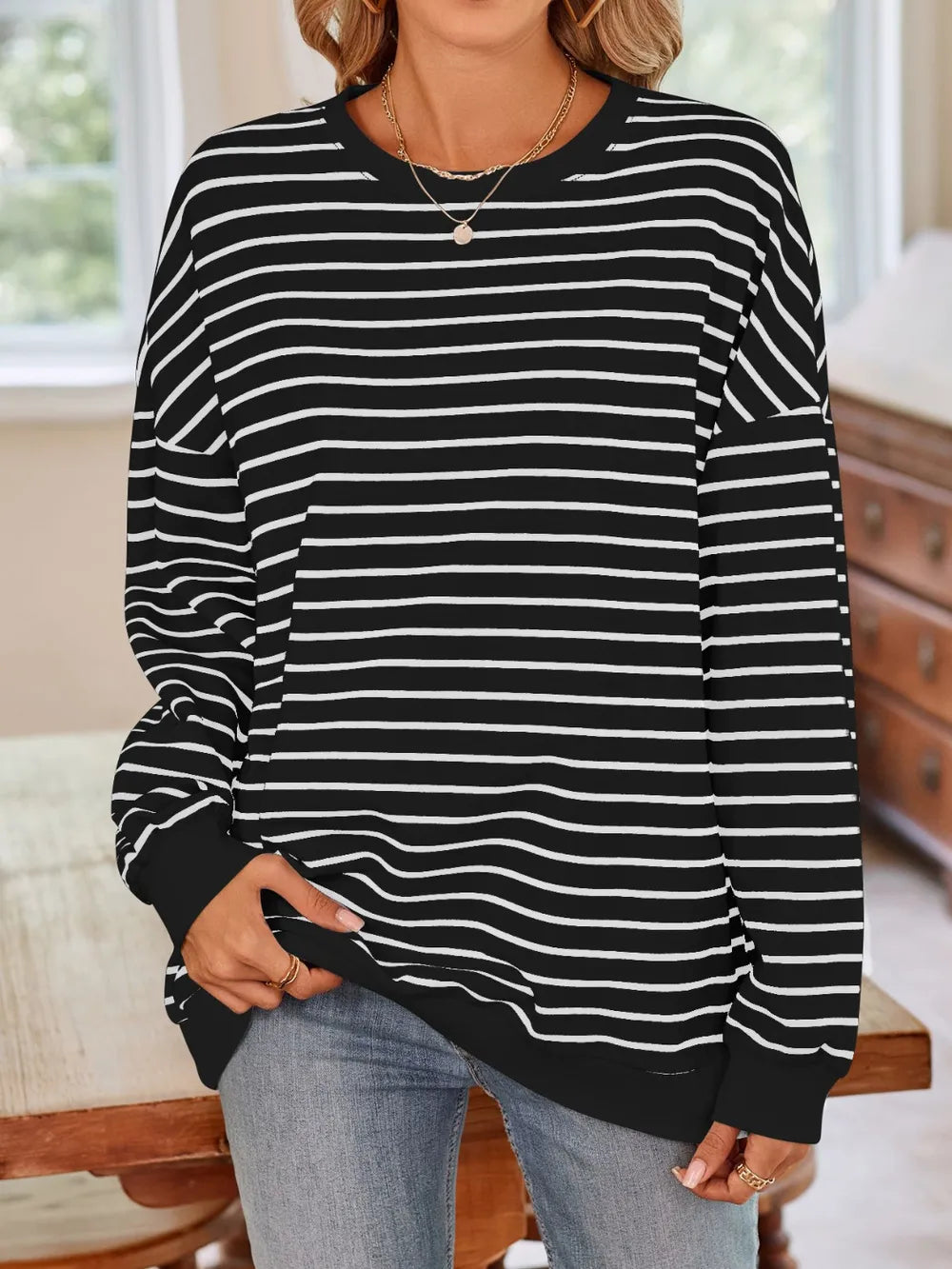 Lovelet Striped Round Neck Long Sleeve Sweatshirt - Lilixa.store