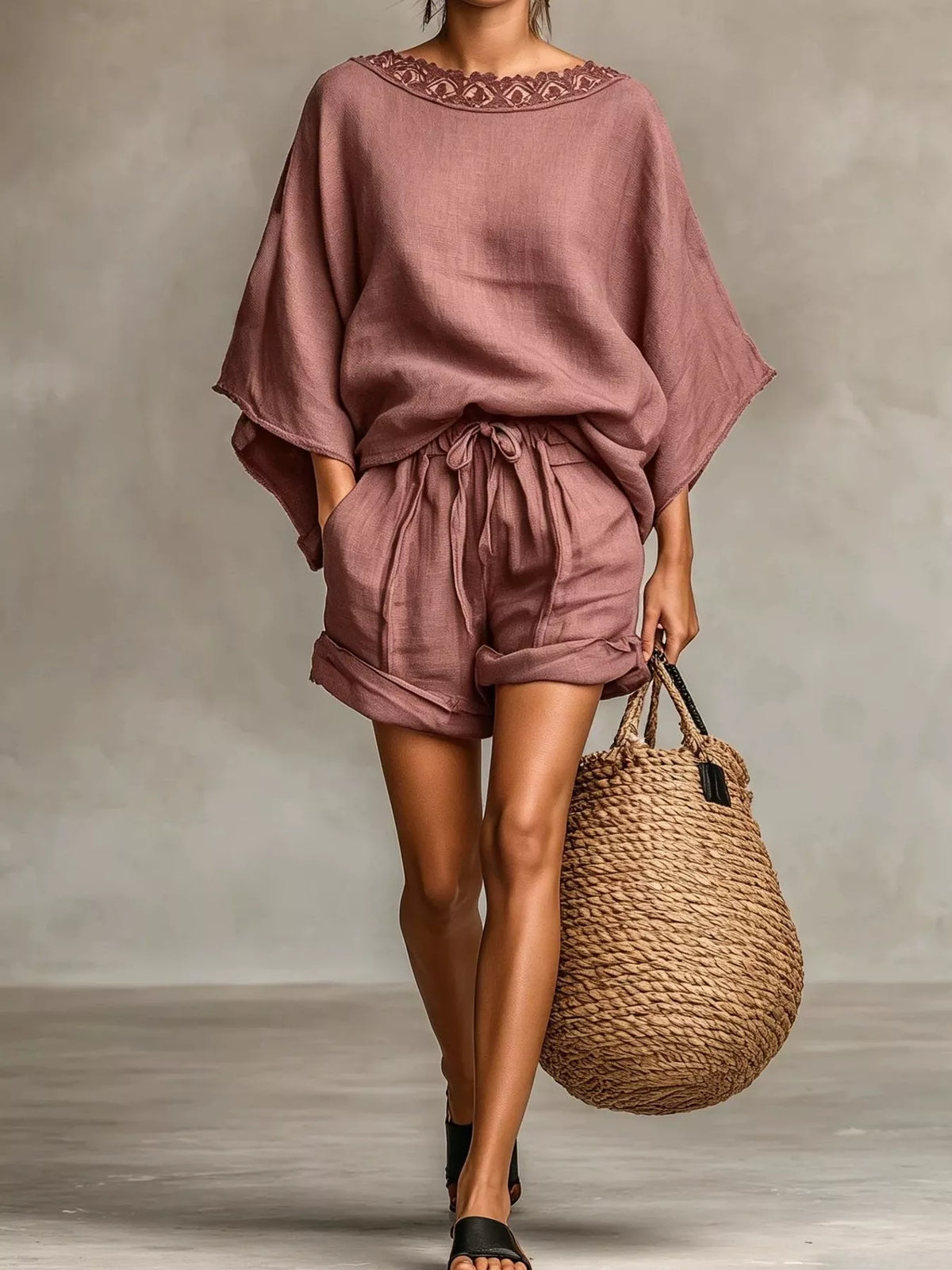 Lace Trim Top and Drawstring Shorts Set in Dusty Pink