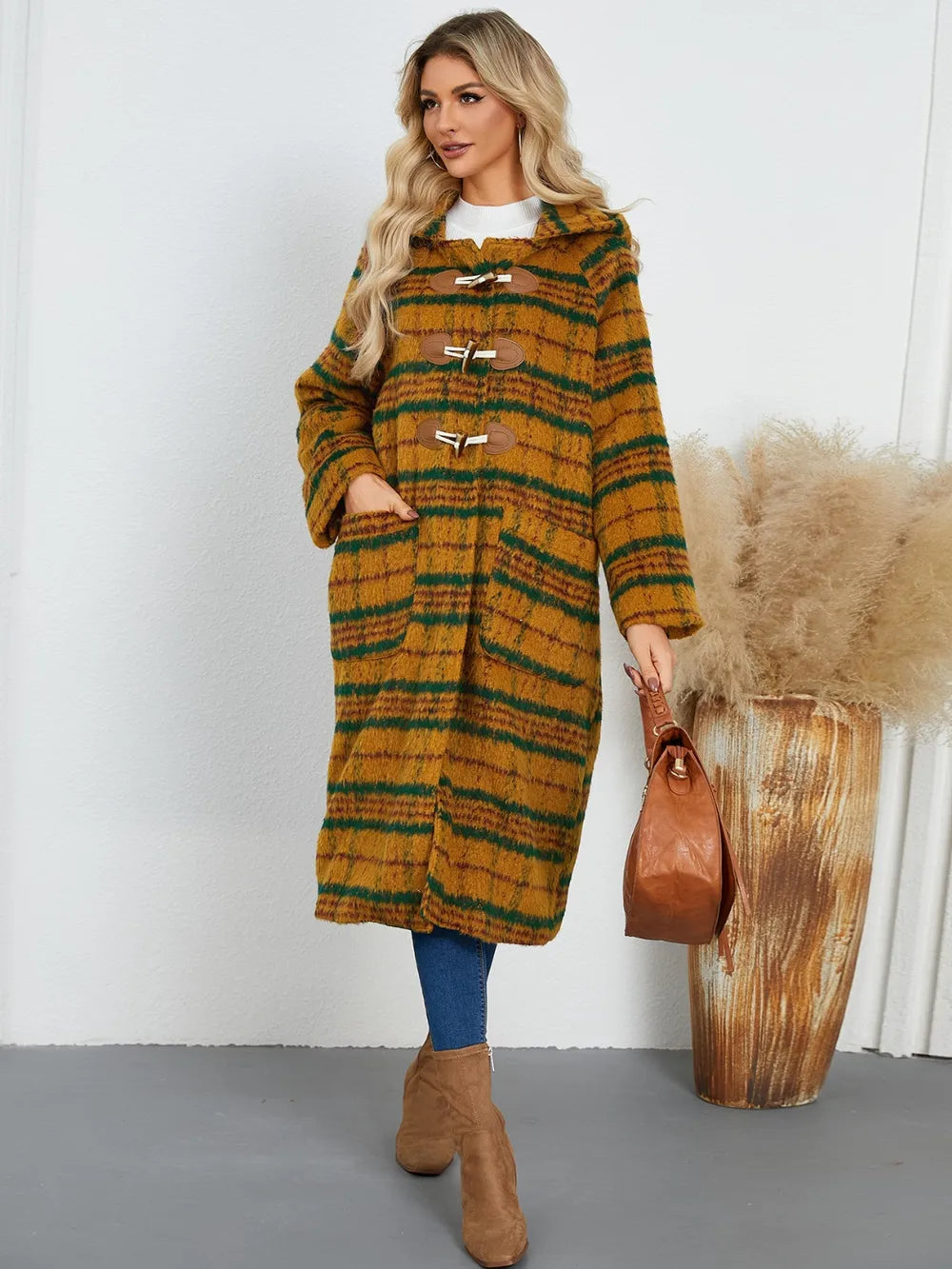Plaid Long Sleeve Hooded Coat with Pockets, view 12
