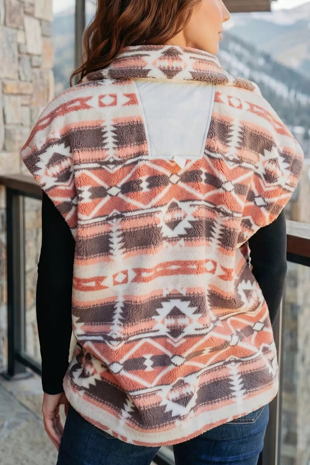 Geometric Print Fleece Metal Button Placket Shift Silhouette Vest - Lilixa.store