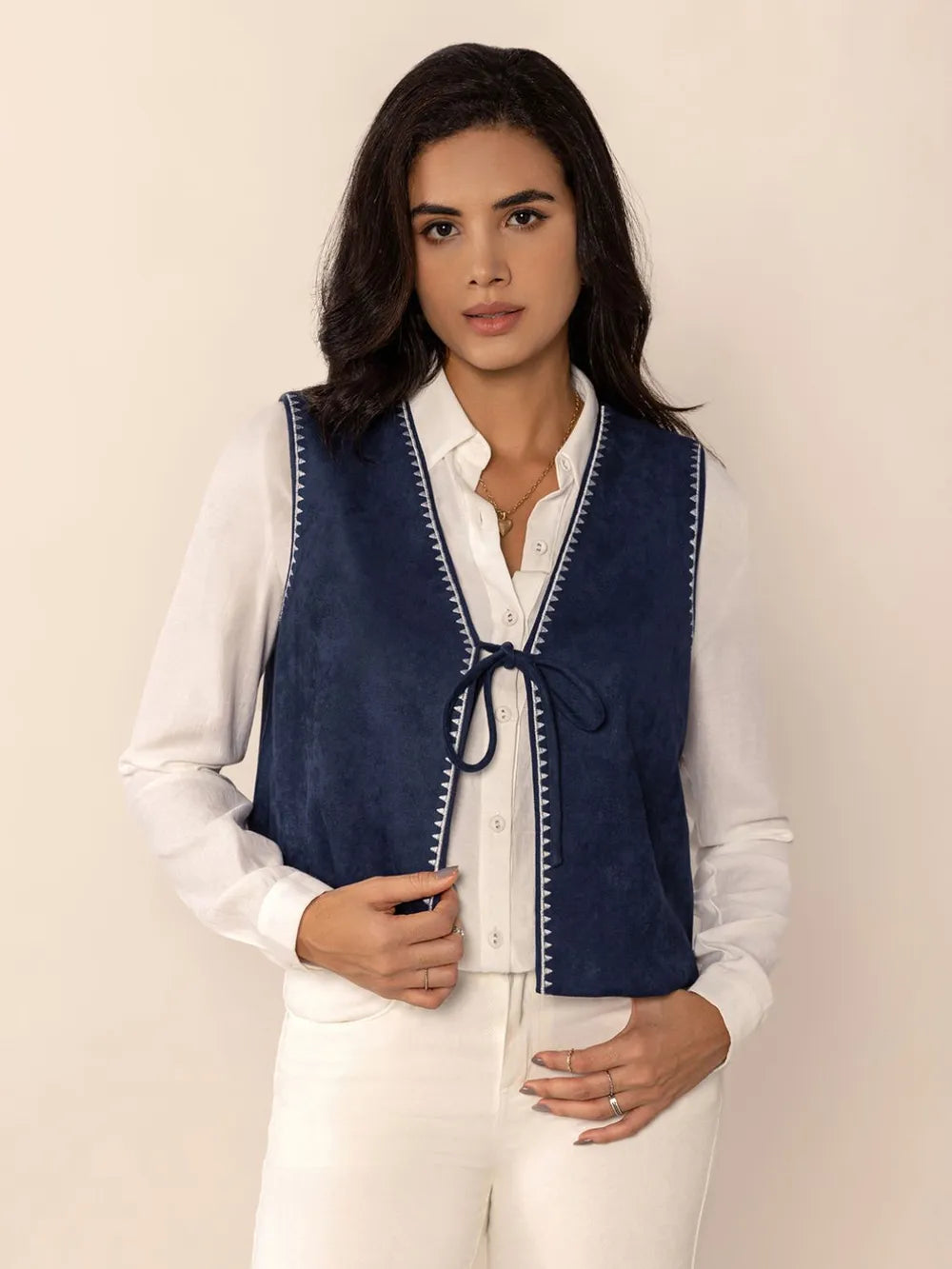 Tied Contrast Trim Vest - Lilixa.store