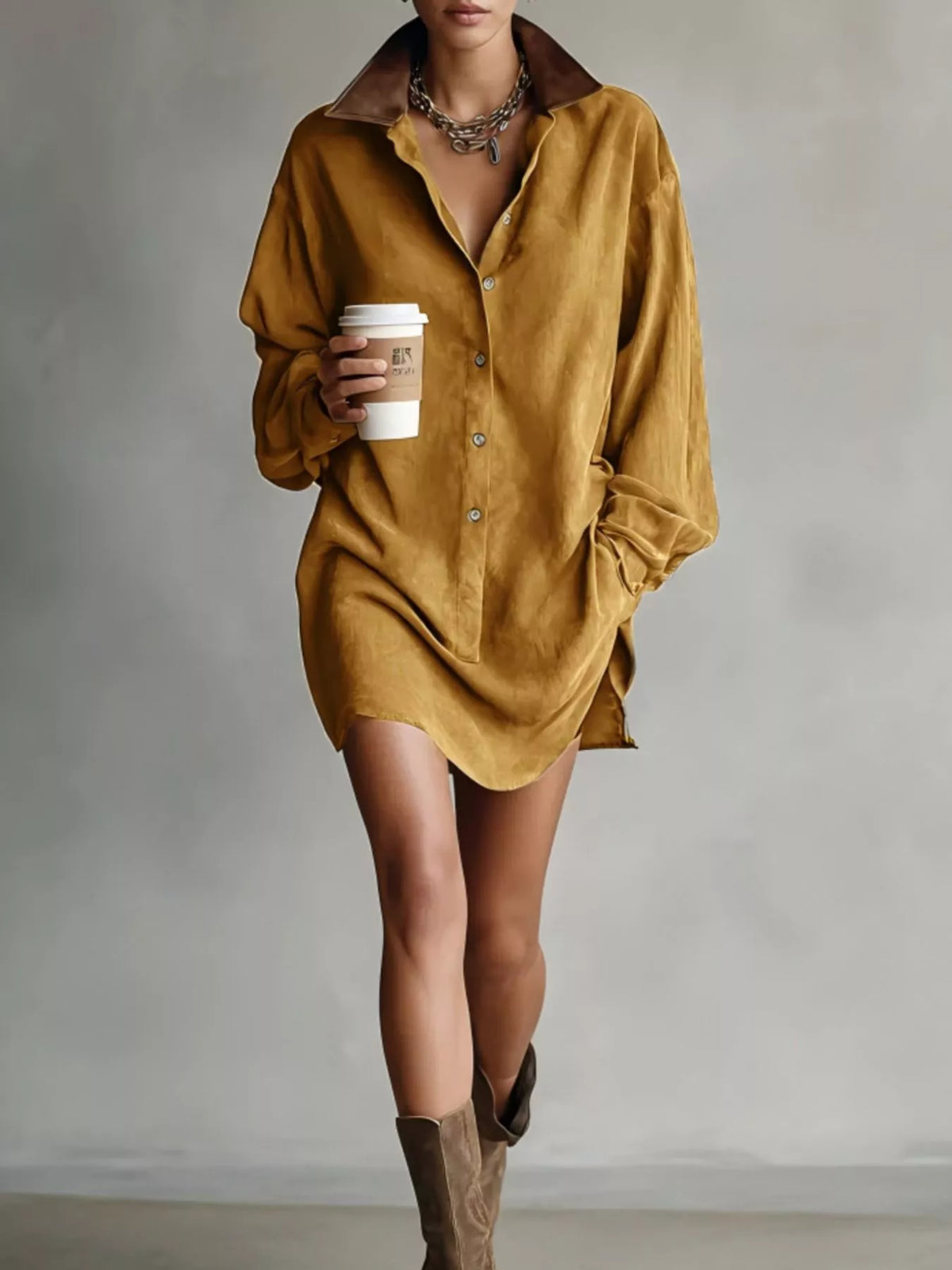 Contrast Collar Mini Shirt Dress in Caramel