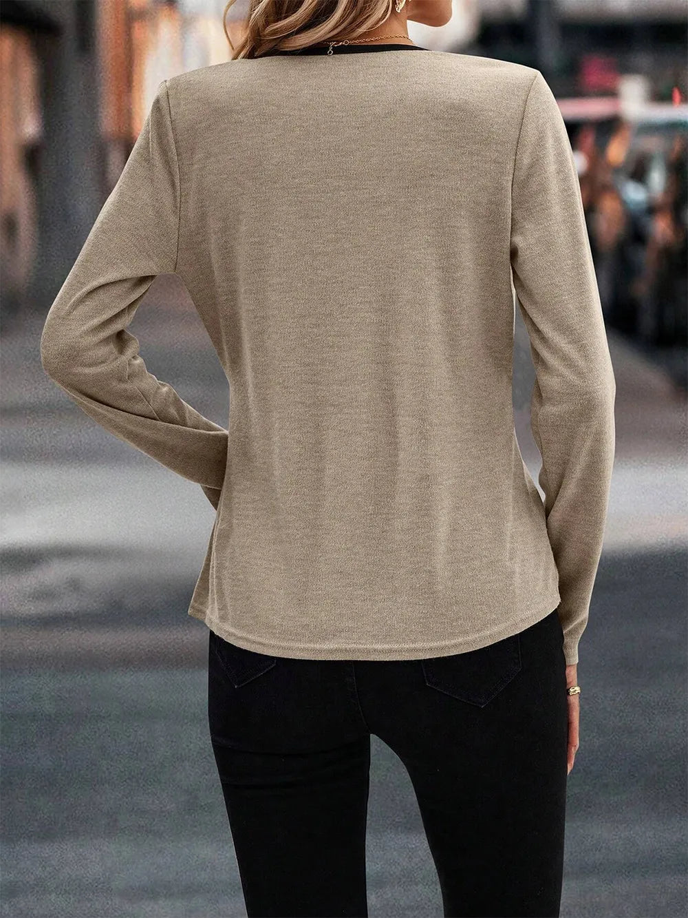 Full Size Crisscross Contrast Trim Long Sleeve T-Shirt - Lilixa.store