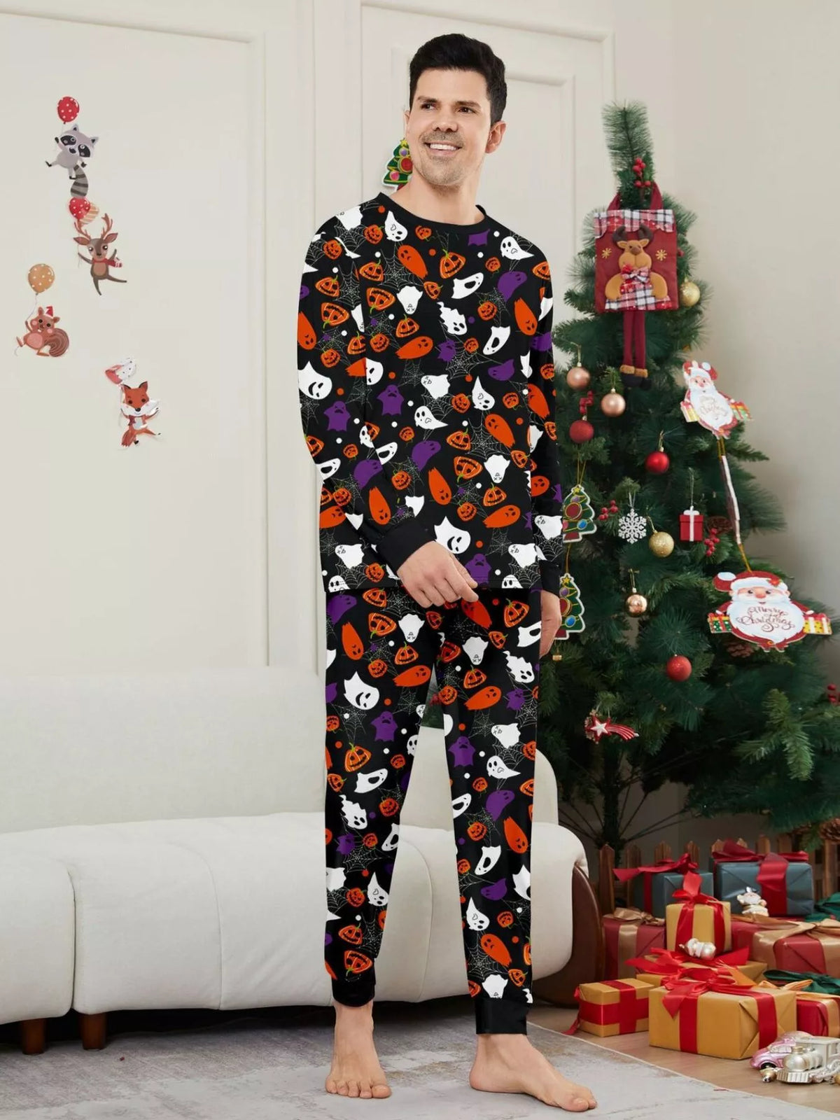 Full Size Halloween Themed Family Matching Pajama Set with Ghost and Pumpkin Print Plus Size