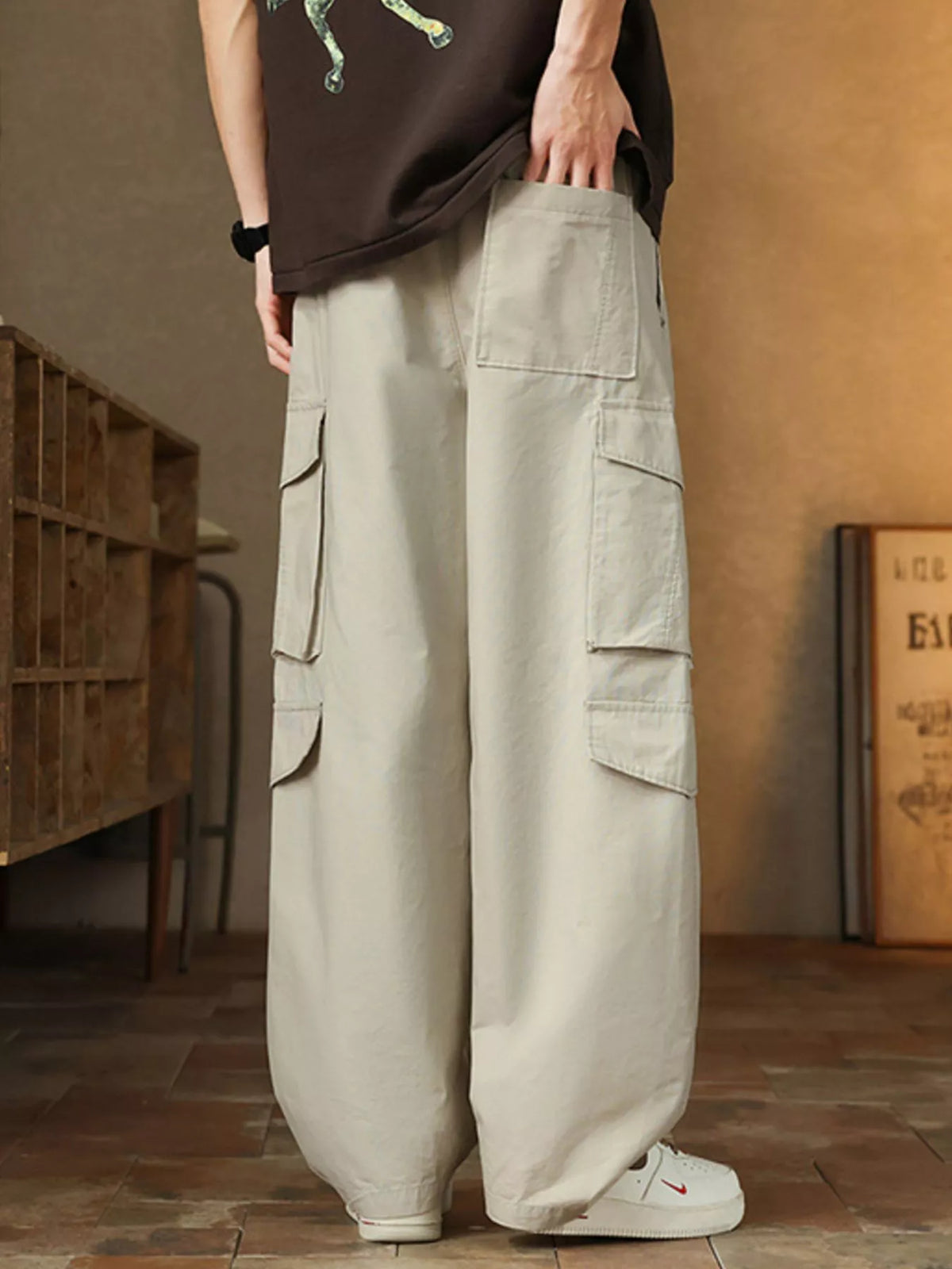 Men's Plus Size Loose Fit Cargo Pants with Drawstring, view 2