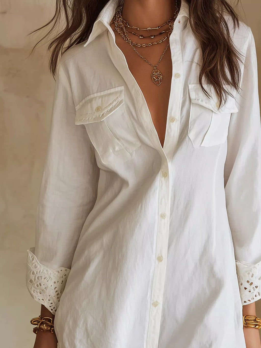 Button-Down Shirt Dress with Lace Trim - Lilixa.store