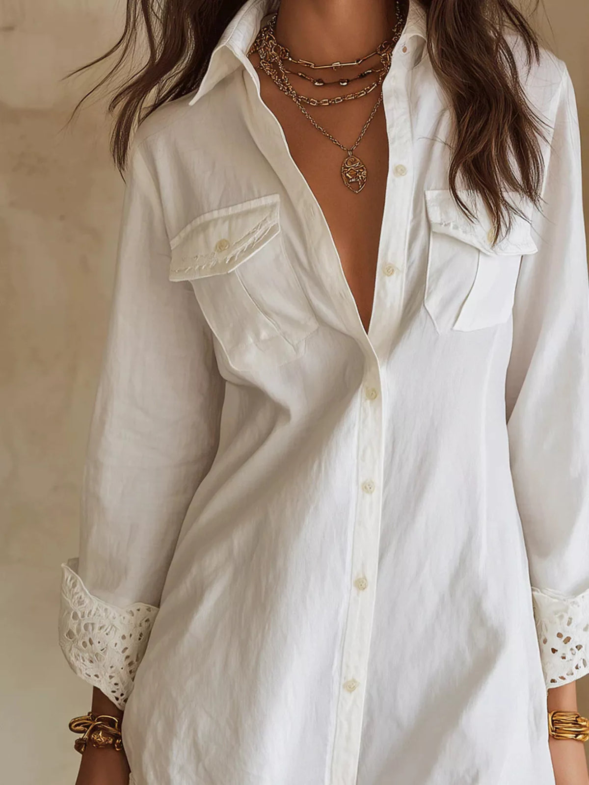 Button-Down Shirt Dress with Lace Trim - Lilixa.store