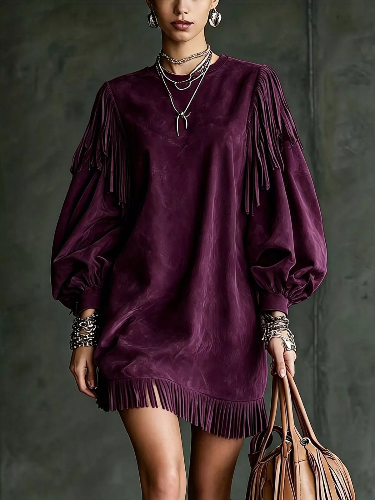 Fringe Detail Lantern Sleeve Mini Dress - Lilixa.store