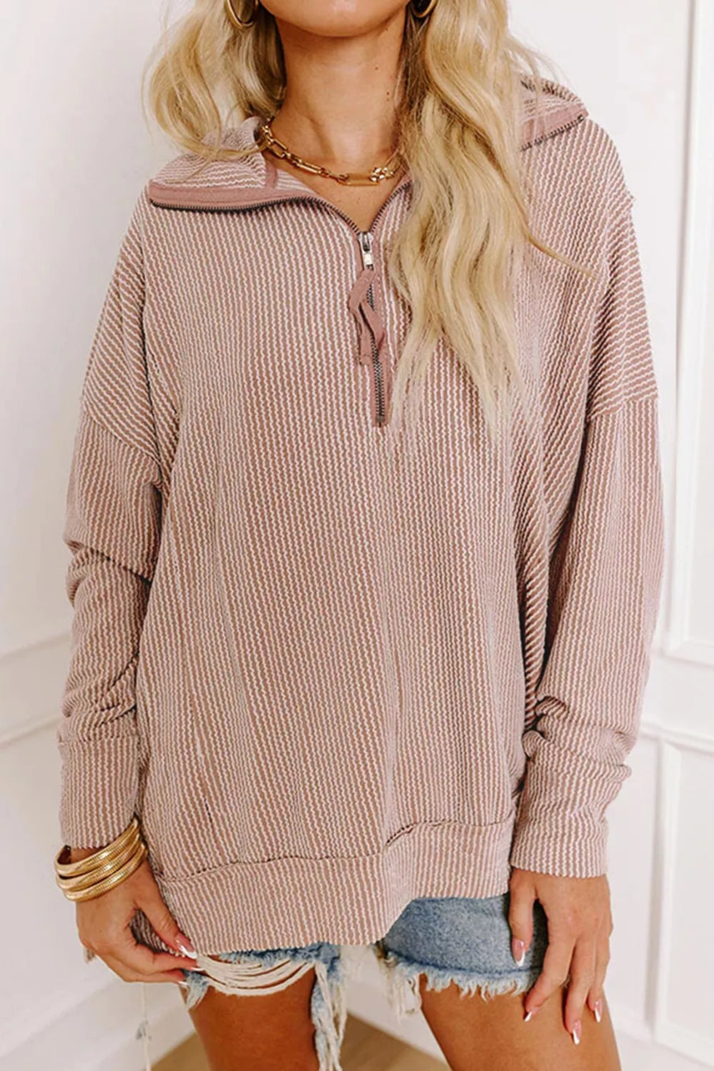 Twist Ribbed Zipper Collar Drop Shoulder Long Sleeve Top - Lilixa.store