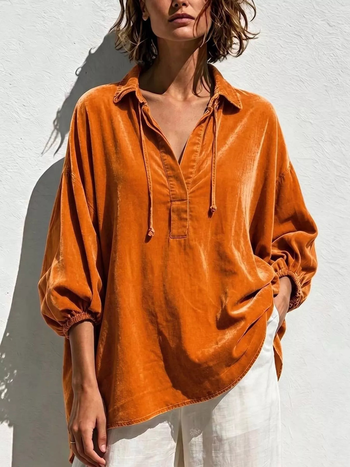 Full Size Oversized Velvet Collared Neck Drawstring Blouse Plus Size in Orange