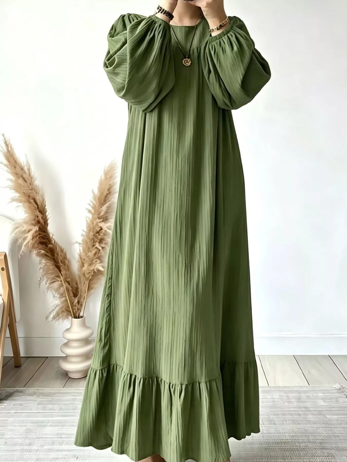 Full Size Textured Puff-Sleeve Maxi Dress Plus Size in Army Green
