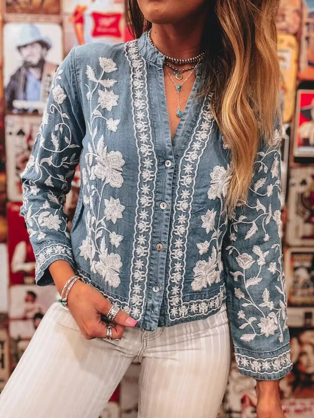 Floral Embroidered Button Up Denim Shirt - Lilixa.store