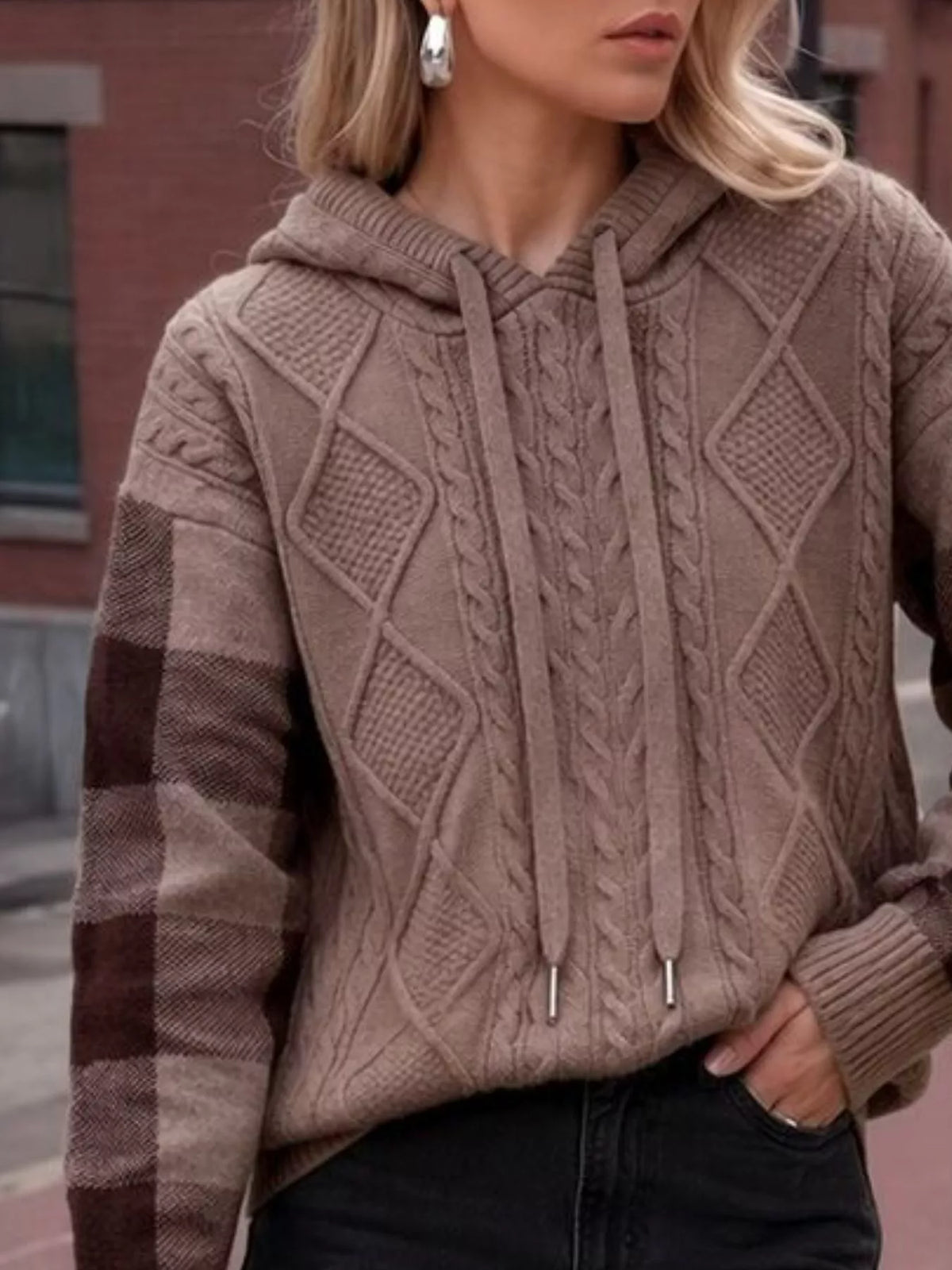 Cable-Knit Plaid Sleeves Hooded Sweater