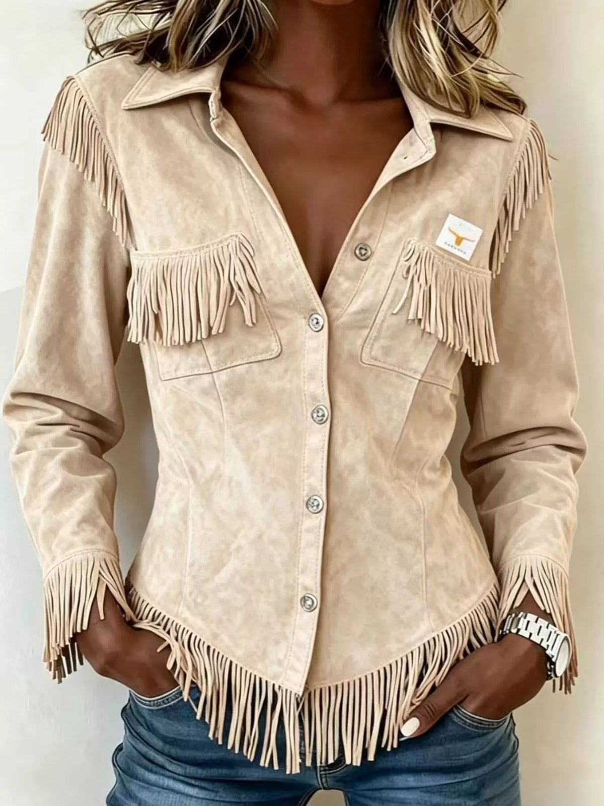 Full Size Fringed Snap Down Jacket Plus Size