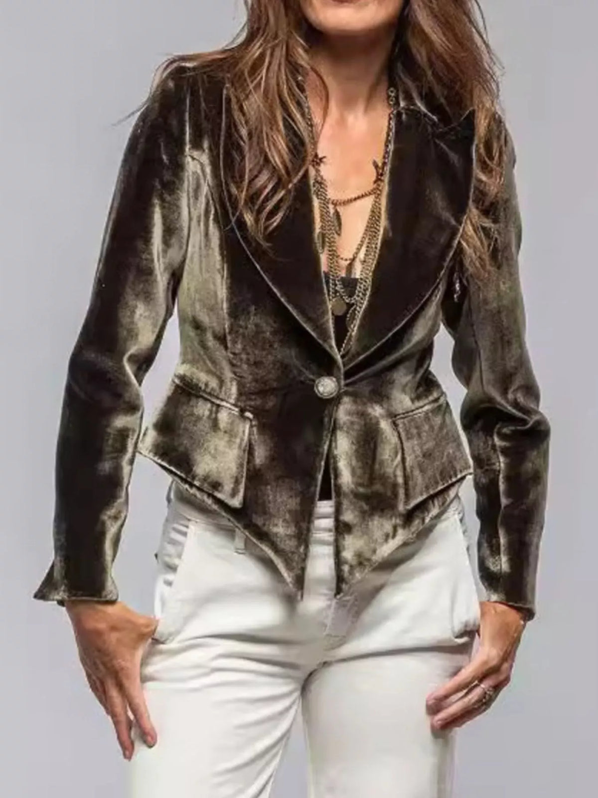 Velvet Lapel Collar One Button Blazer - Lilixa.store