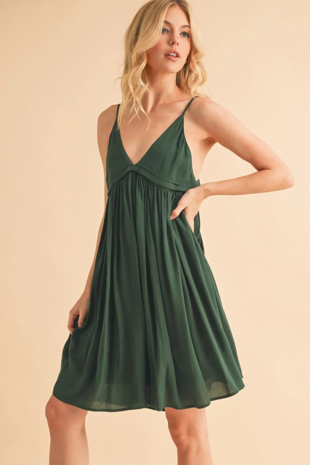Aemi + Co Ruched Plunge Mini Cami Dress in Dark Green, view 2