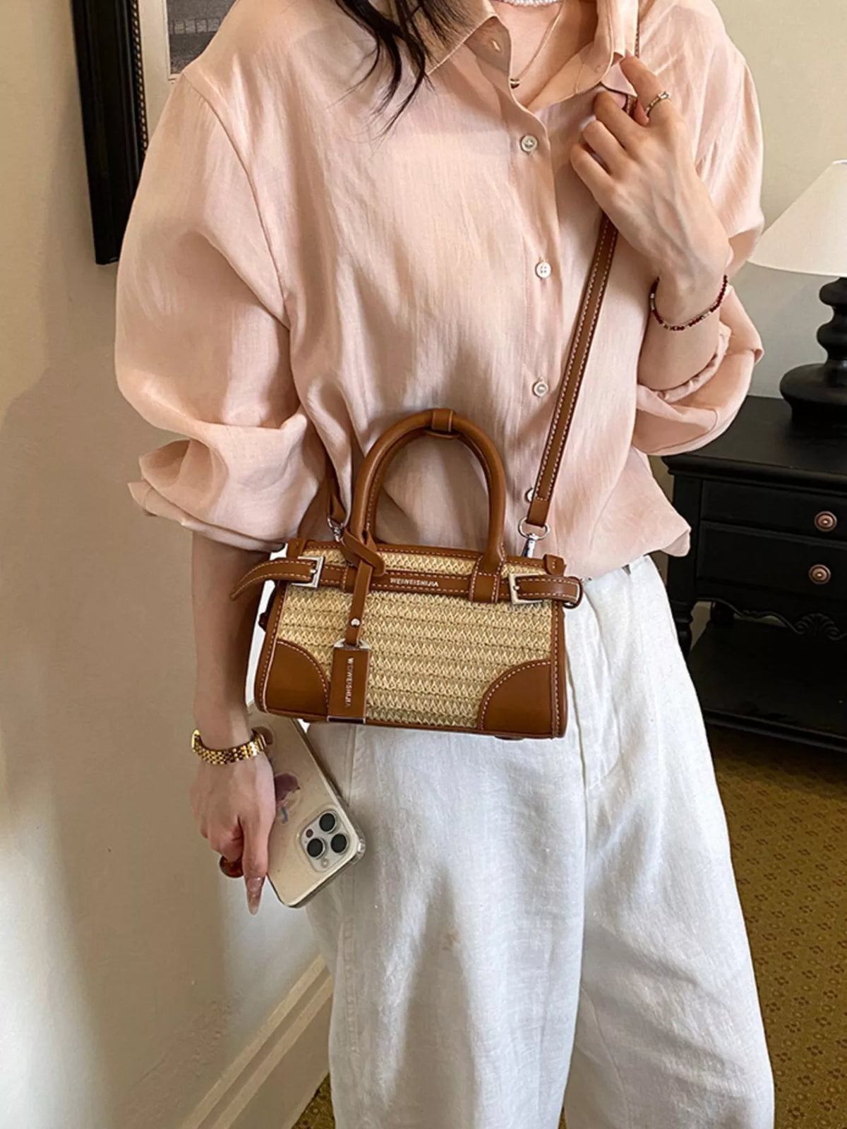 Leather Trim Woven Crossbody Bag