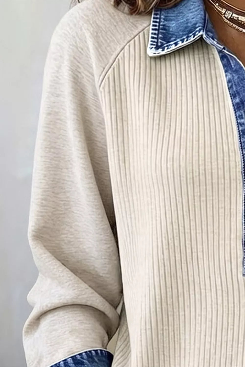 Ribbed Knit Denim Contrast Trim Top