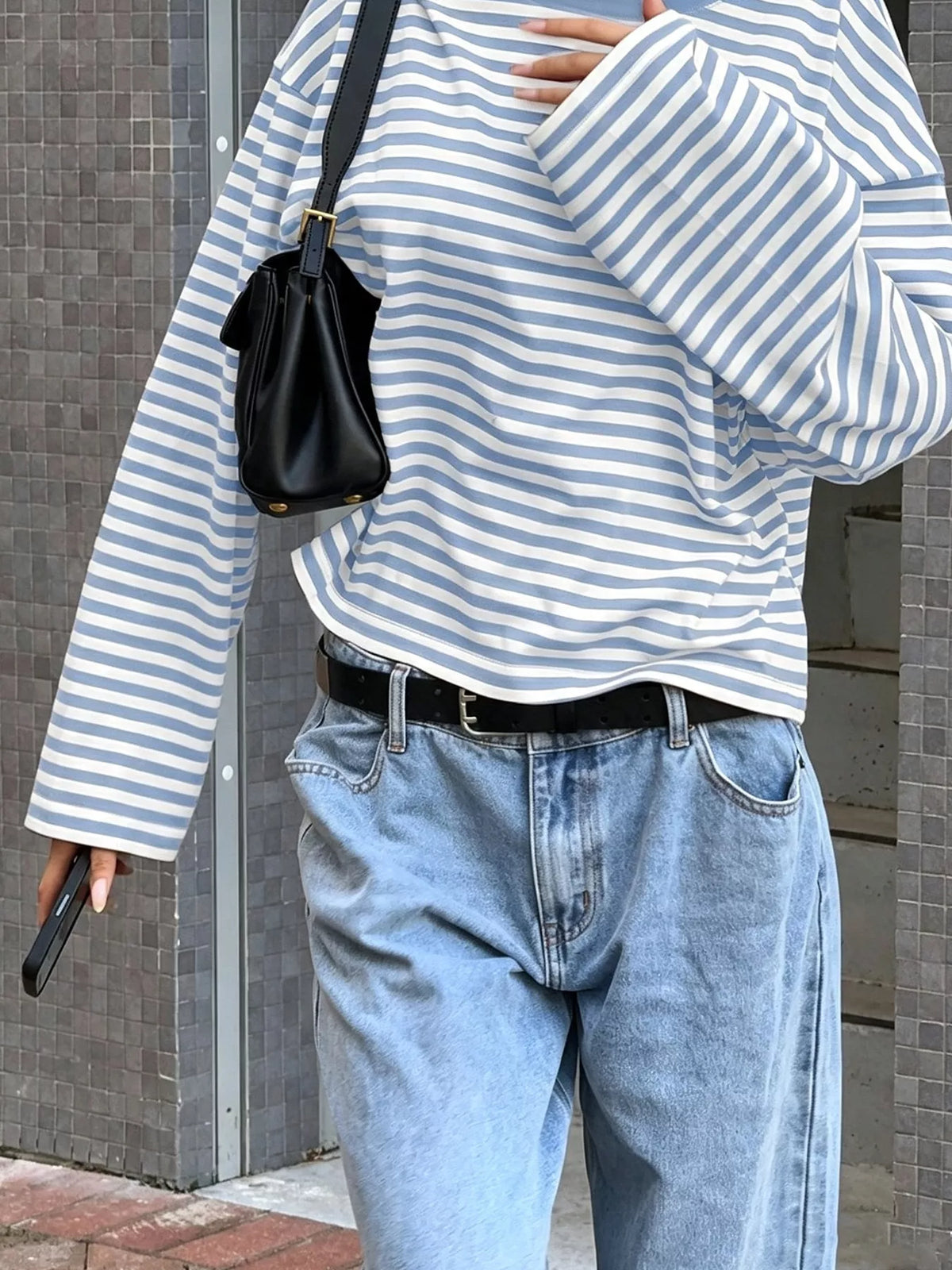 Full Size Casual Long-Sleeve Striped Crew Neck T-Shirt Plus Size in Sky Blue