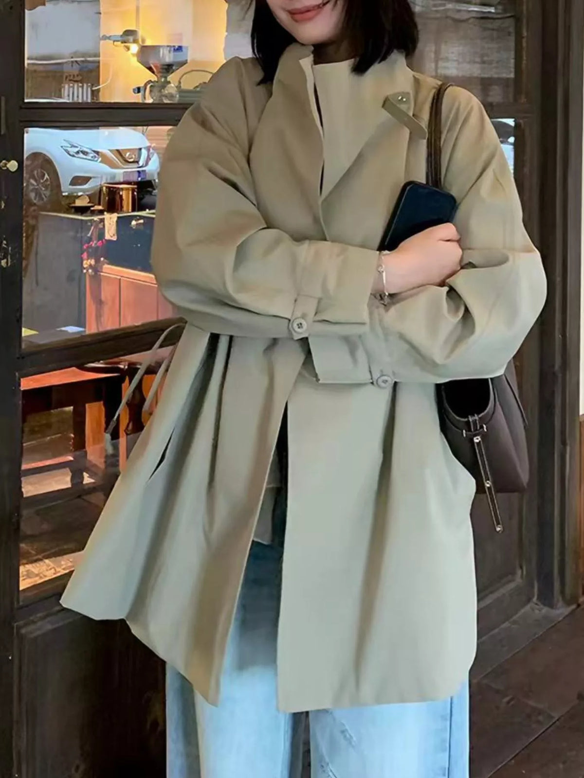Open Front Long Sleeve Trench Coat in Tan