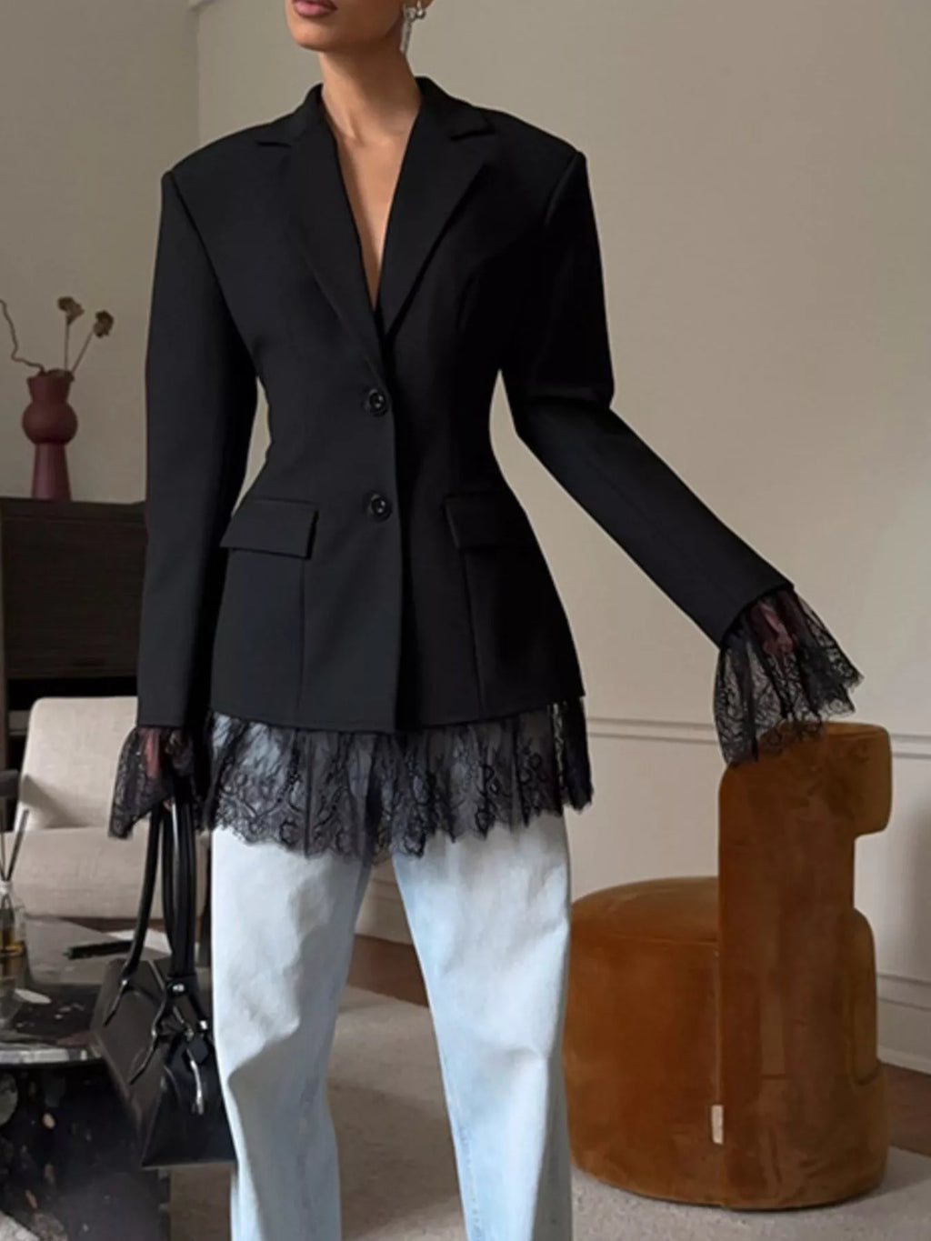 Lace Hem Button Down Blazer - Lilixa.store