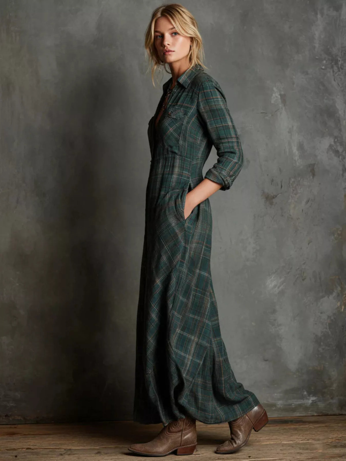 Vintage Plaid Button-Down Maxi Shirt Dress in Dark Green, view 2