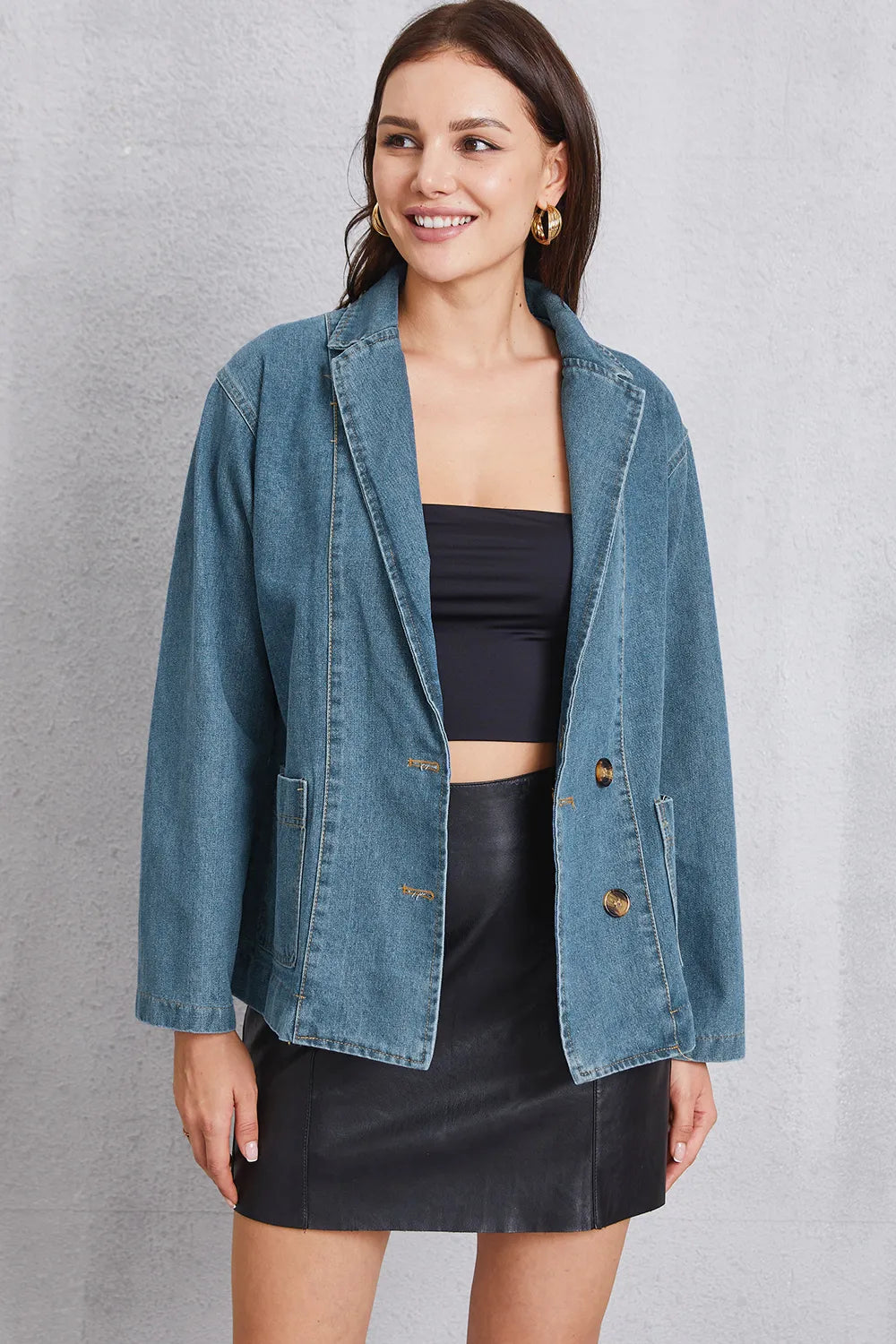 Pocketed Button Up Denim Jacket, view 4
