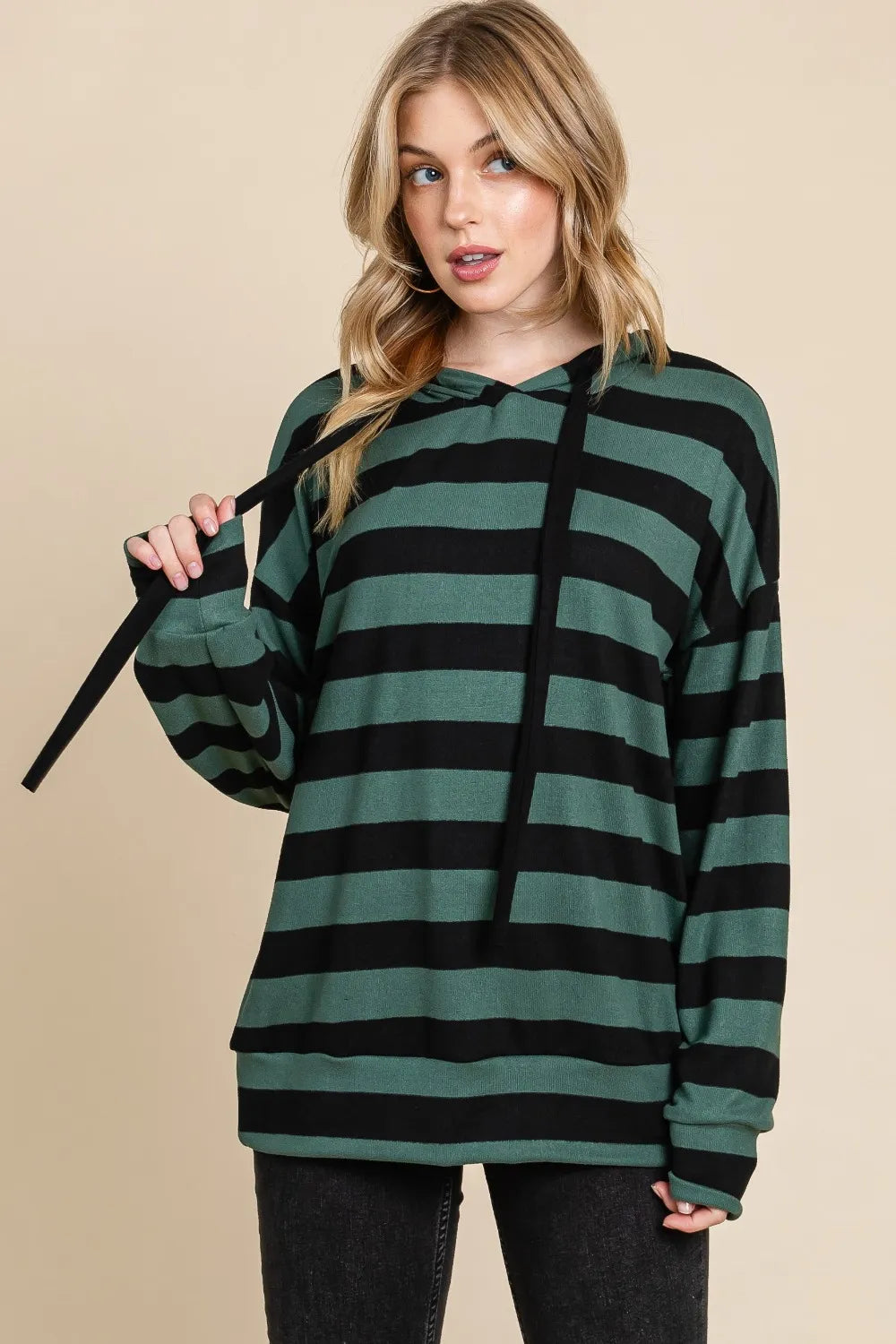 BOMBOM Drawstring Striped Dropped Shoulder Hoodie - Lilixa.store