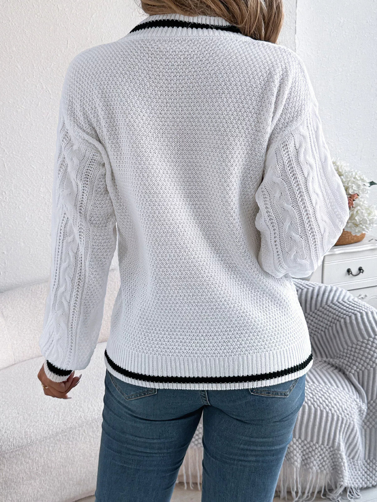 V-Neck Cable Knit Sweater with Striped Trim