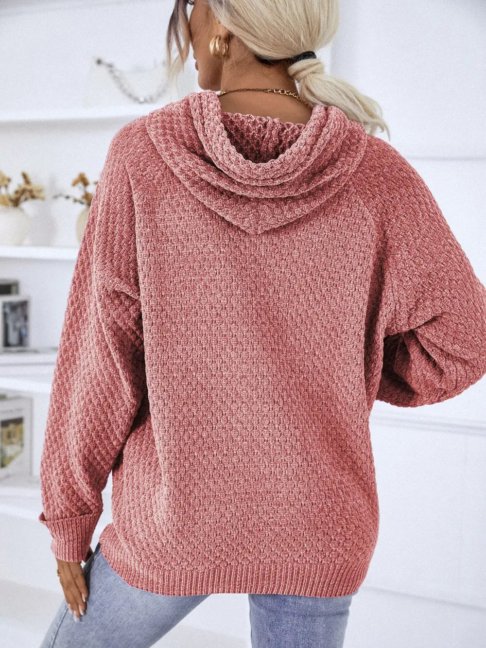 Texture Drawstring Long Sleeve Hooded Sweater, view 4