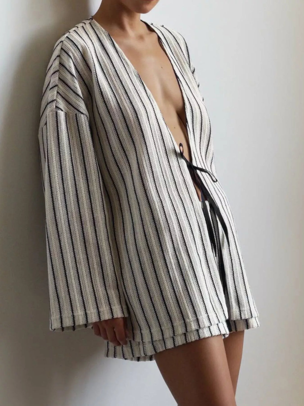 Striped Tie Front Top and Shorts Lounge Set - Lilixa.store