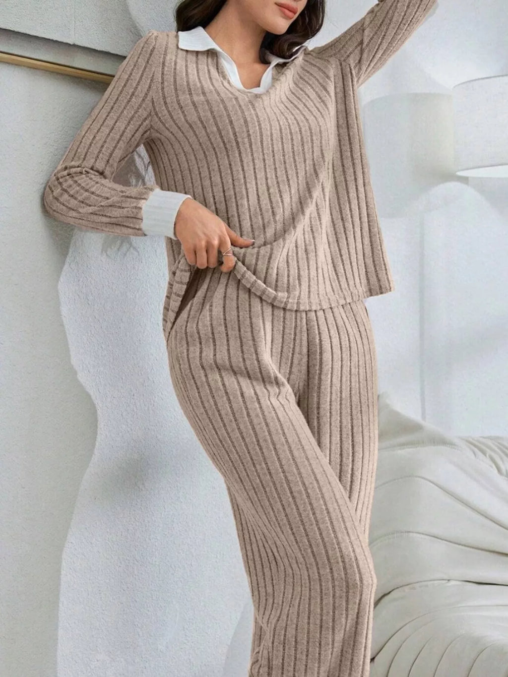 Ribbed Knit Polo Collar Top and Pants Lounge Set - Lilixa.store