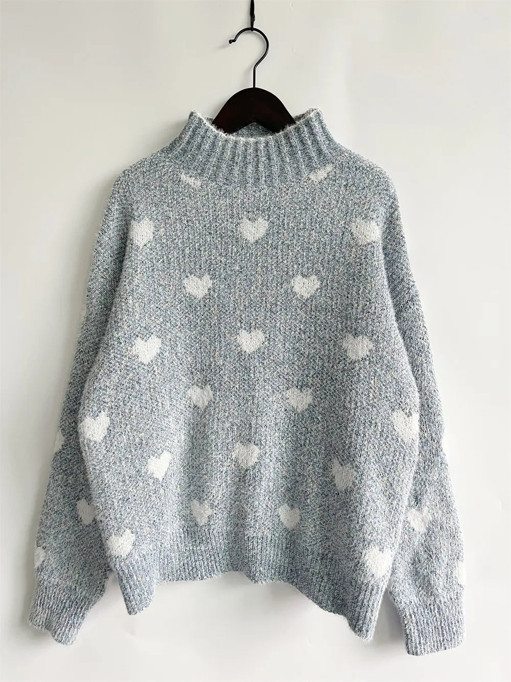 Heart Heathered Turtleneck Drop Shoulder Sweater, view 2