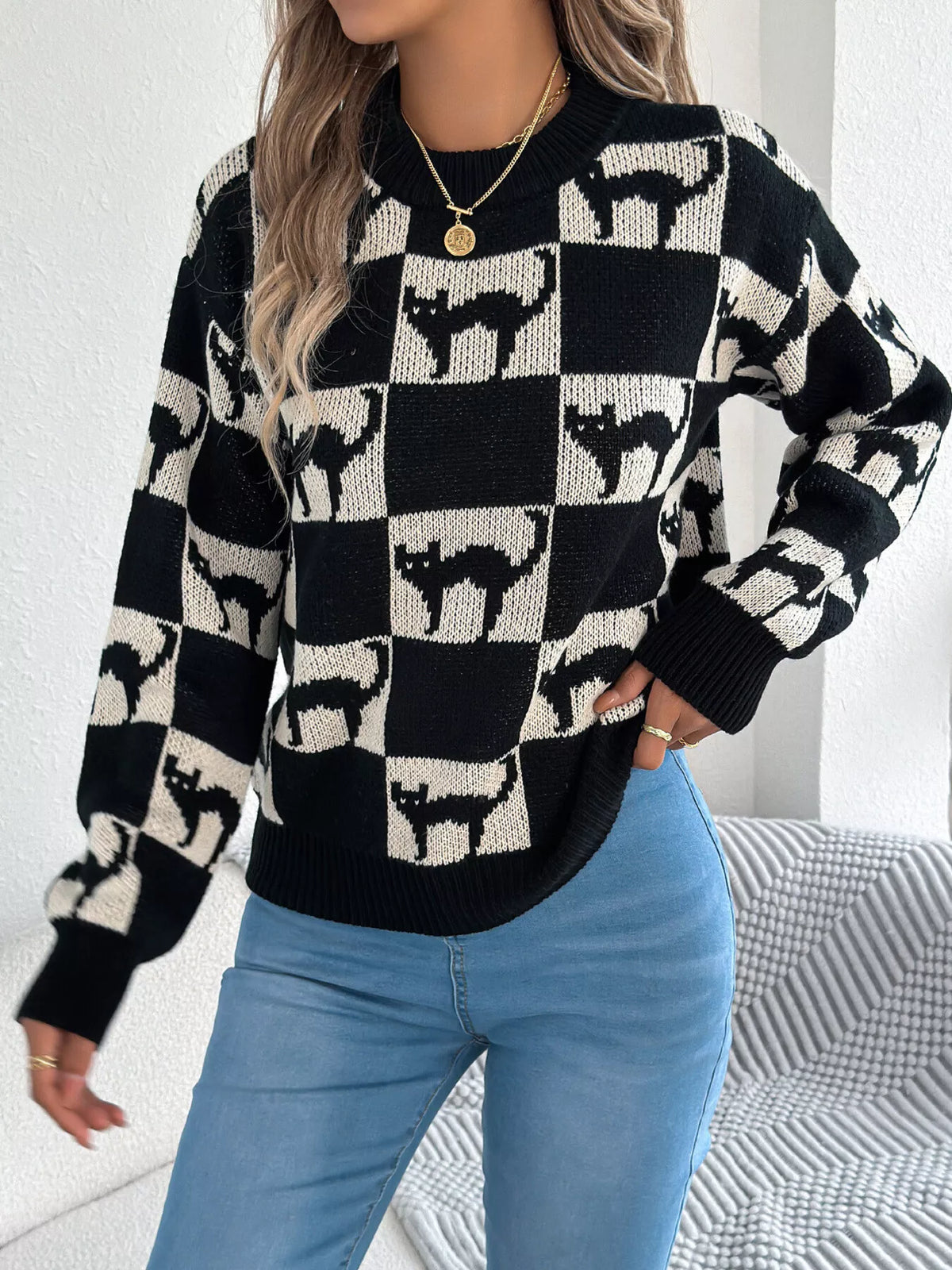 Checkerboard Halloween Graphic Sweater