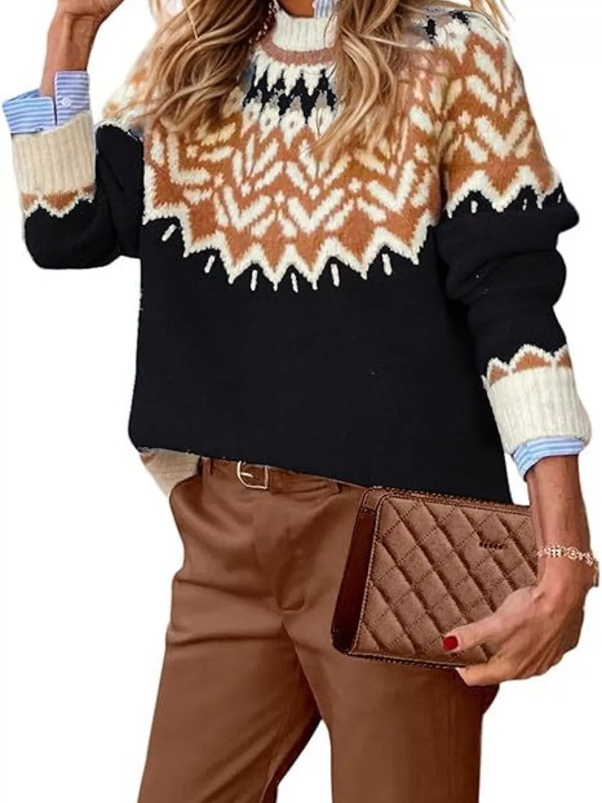 Full Size Fair Isle Patterned Long Sleeve Sweater Plus Size