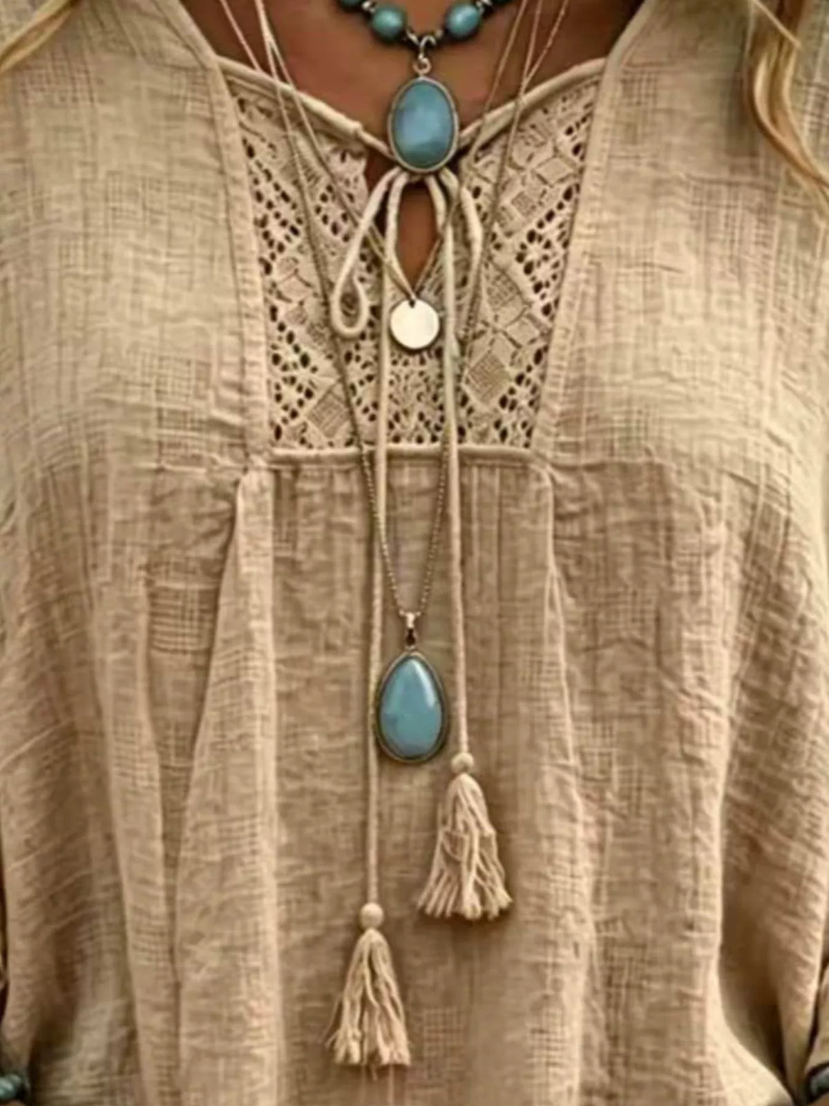 Full Size Tassel Tie Neck Ruffled Hem Blouse Plus Size - Lilixa.store