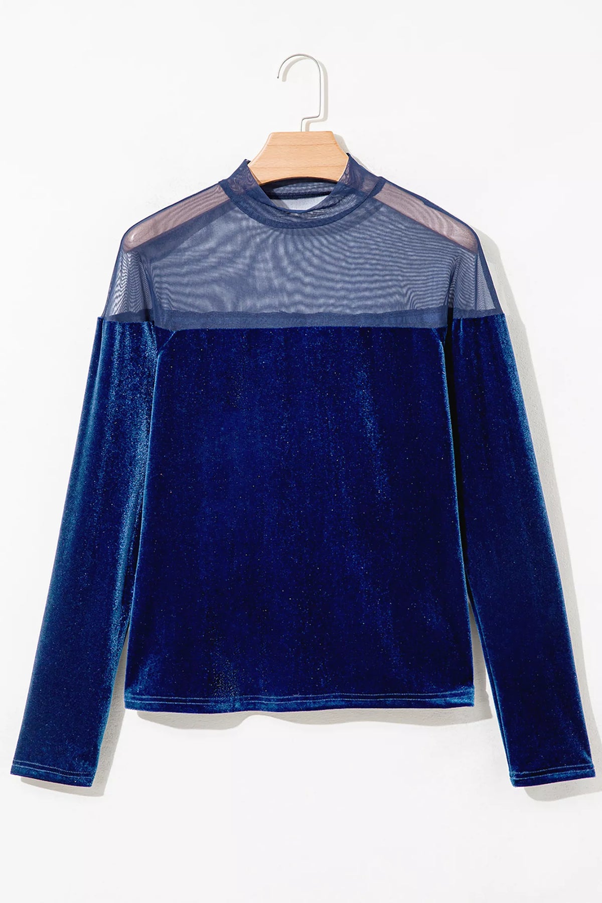 Velvet Long Sleeve Sheer Neck Patchwork Casual Top in Navy, view 5