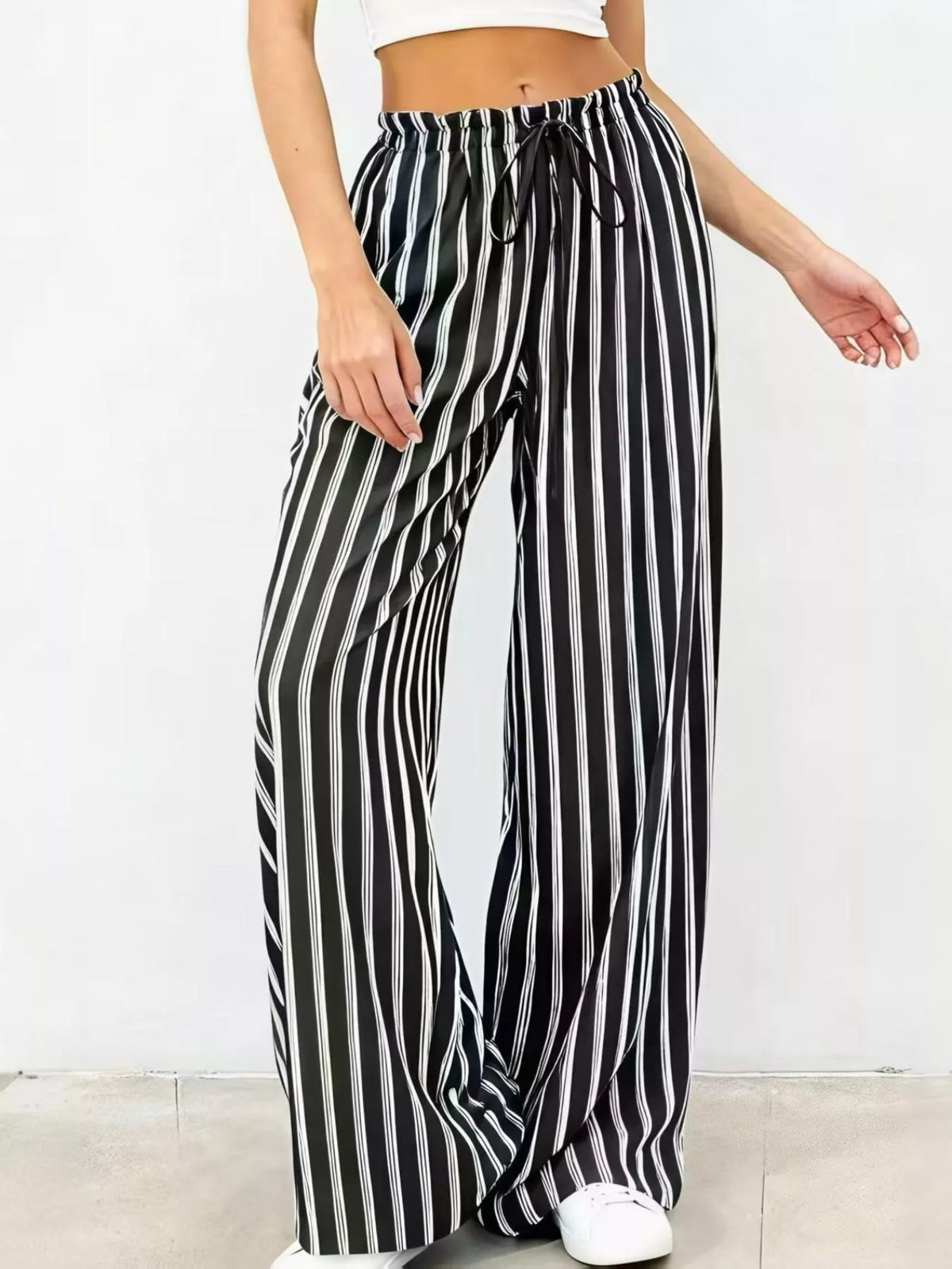 Striped Wide-Leg Drawstring Pants