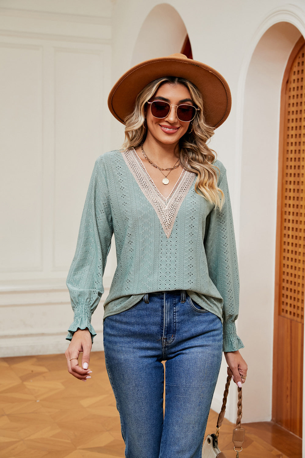 Contrast Flounce Sleeve Blouse, view 11