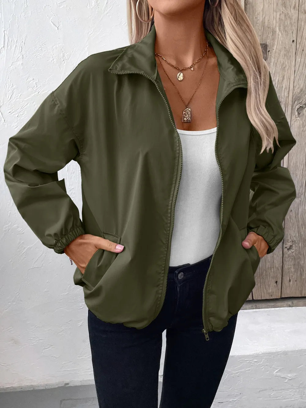 Ivy Lane Pocketed Zip Up Long Sleeve Jacket in Army Green
